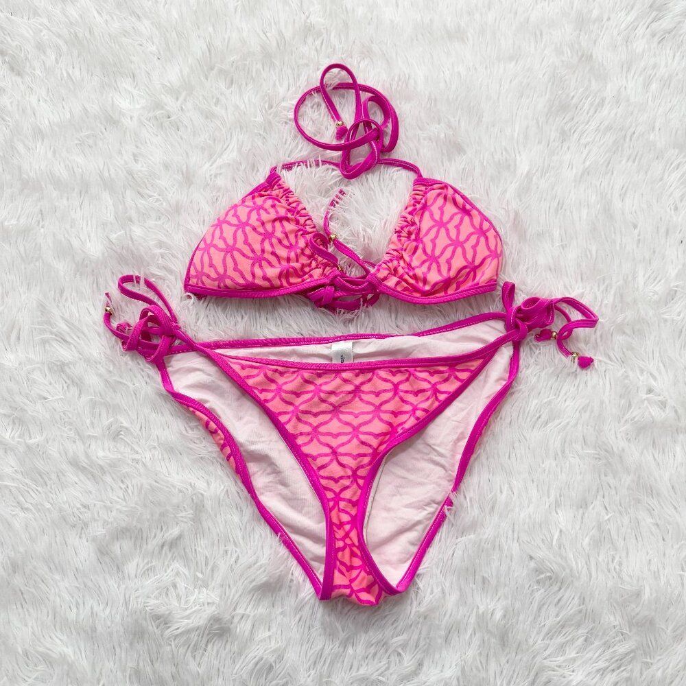 Women Vineyard Vines Triangle Cheeky Side Tie Bikini Set in Hot Pink Size XS/S